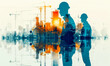 © Bartek - Double Exposure Construction Site with Workers and Cranes at Dusk, Blue and Orange Theme Illustrating Progress and Growth