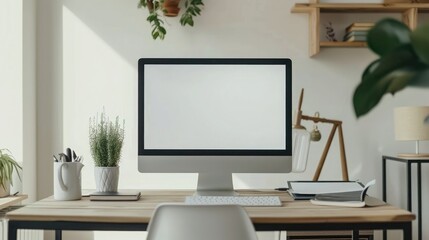 Close up Minimalistic workspace with computer modern designer desktop with blank computer screen, office equipment decorations on table. Mock up