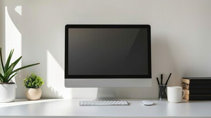 Close up Minimalistic workspace with computer modern designer desktop with blank computer screen, office equipment decorations on table. Mock up
