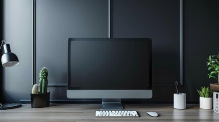 Close up Minimalistic workspace with computer modern designer desktop with blank computer screen, office equipment decorations on table. Mock up