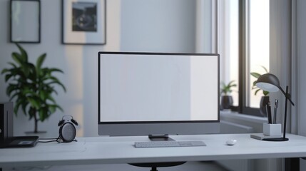Wall Mural - Close up Minimalistic workspace with computer modern designer desktop with blank computer screen, office equipment decorations on table. Mock up
