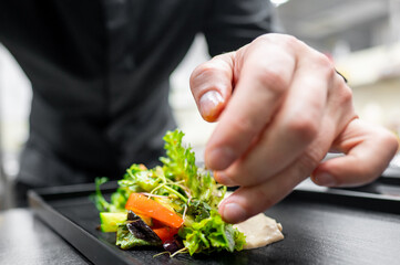 Wall Mural - Close-up of a hand garnishing a colorful salad on a black plate.