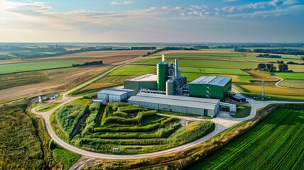 Wall Mural - An aerial view of a bioenergy plant in a rural area. The plant is surrounded by fields of green crops.