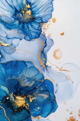 Wall Mural - Alcohol ink with gold leading edge in relief, with white background and blue tones and golden details, fluid forms, floral explosions, delicate clouds, plants 
