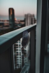 Poster - Close up of digital fingerprint on metal with blurred futuristic cityscape in background