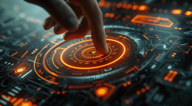 Closeup of a hand touching a virtual screen with a digital circular interface in the style of futuristic technology as a concept background