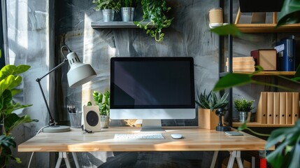 Close up Minimalistic workspace with computer modern designer desktop with blank computer screen, office equipment decorations on table. Mock up