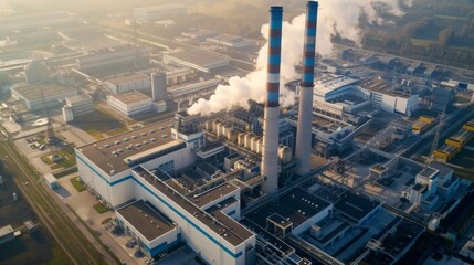 Poster - An aerial view of a massive industrial complex with two tall smoke stacks releasing smoke, surrounded by smaller buildings, indicating a large manufacturing operation.