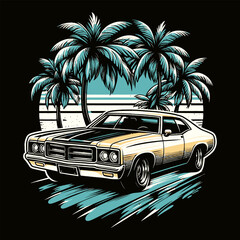 car with sunset and retro-style palm silhouette vector t shirt design