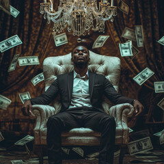 Wall Mural - Black man wearing a suit, sitting on a throne surrounded by money. Generative AI.