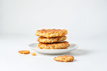 Closeup of a Stack of Crispy Fried Potato Pancakes on a White Plate