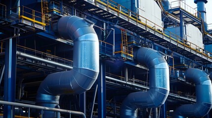 Poster - A close-up of large industrial pipes at a refinery. The pipes are made of metal and are connected to a large structure.