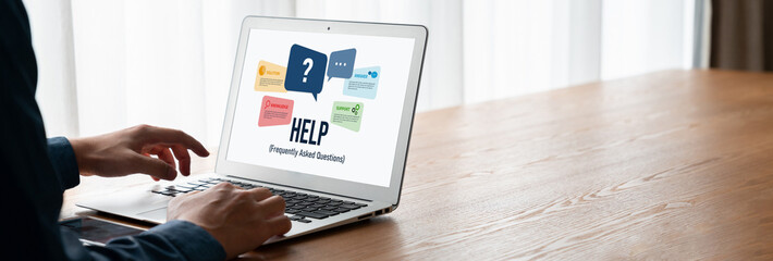 Wall Mural - Help screen on the website provide answer to FAQ frequently asked question snugly with knowledge information and solution by customer support