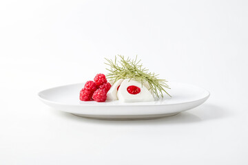 Canvas Print - White Chocolate Mousse with Raspberries and Green Garnish on a White Plate