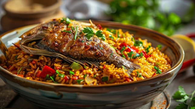 Vibrant Senegalese thieboudienne, a traditional fish and rice dish with an abundance of fresh vegetables, served in a large, shallow bowl. This West African culinary delight showcases the rich.