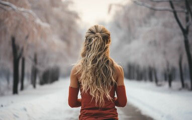 Canvas Print - A woman with long blonde hair stands on a snowy road