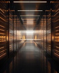 Modern server room with glowing racks and a reflective floor.