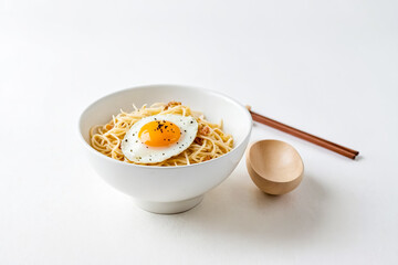 Wall Mural - Bowl of noodles with fried egg and chopsticks