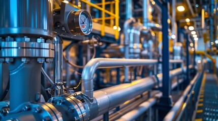 Poster - A close-up shot of an industrial piping system in a factory, showcasing the intricate network of pipes and valves.