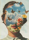 A collage art piece merging a woman's profile, butterflies, and sky imagery for a surreal, dreamlike effect