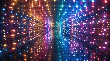 Poster - A large colorful LED light pattern that forms an infinity mirror effect, with many small lights shining in all directions and the whole thing is symmetrical. colorful. Generative AI.