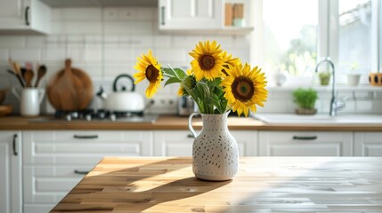 Wall Mural - a stylish kitchen interior with sunflowers in a vase on a wooden countertop, cooking utensils near the sink, and white walls, embodying a Scandinavian home decor concept.