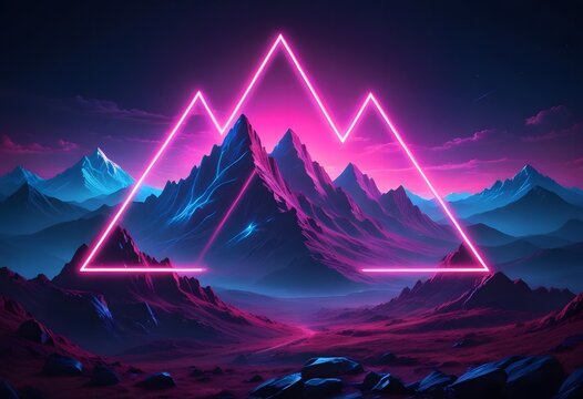 Mountain terrain landscape with pink and blue neon light glowing triangle frame, retro technology or futuristic alien background template