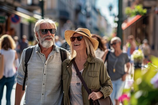 joyful senior couple traveling - portrait of smiling and exploring city, creating memories in golden