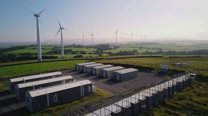 Wall Mural - Aerial view of wind turbines in a rural area. Many turbines visible in background, with storage buildings in foreground. Sunny day with clear skies.
