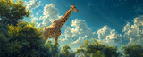 A graceful giraffe reaching for leaves high up in a tree.