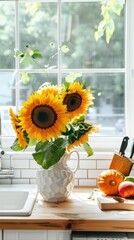 Wall Mural - a stylish kitchen interior with sunflowers in a vase on a wooden countertop, cooking utensils near the sink, and white walls, embodying a Scandinavian home decor concept.