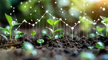 Aufkleber - Small plants sprouting from rich soil, with a digital graph representing business progress and development, isolated on white, featuring focus stacking for maximum detail. Generative AI.