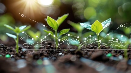 Aufkleber - Small plants sprouting from rich soil, with a digital graph representing business progress and development, isolated on white, featuring focus stacking for maximum detail. Generative AI.