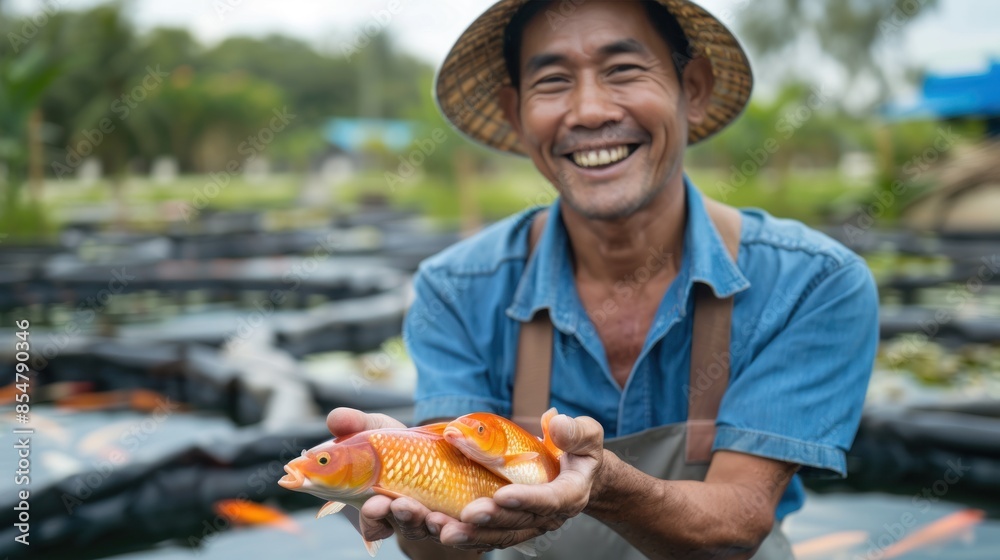 Aquaculture farmer hold fish in hand, guaranteeing integrity in organic ...