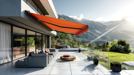 Poster - A modern, sunny terrace with outdoor furniture and an awning on the roof in red color. The sun is shining brightly over green meadows and mountains in summer. A gray concrete floor. Generative AI.