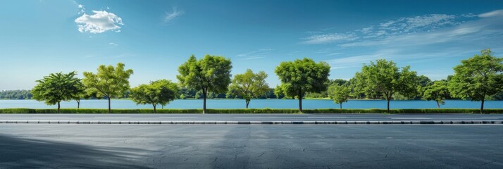 Wall Mural - Empty asphalt road and green trees with blue sky background over the lake in summer, landscape nature view from side of empty street for product display.