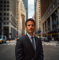 Poster - Businessman, downtown Chicago, portrait facing camera with arms at side. Generative AI.
