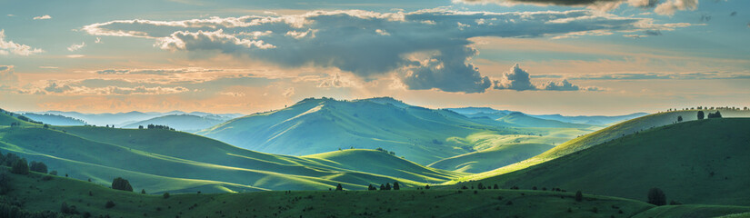 Wall Mural - Panoramic summer landscape, green hills and meadows, sunset light