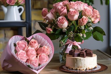 Poster - 1d Chic bouquet of pink roses, next to chocolates in a heart-shaped box and a cake