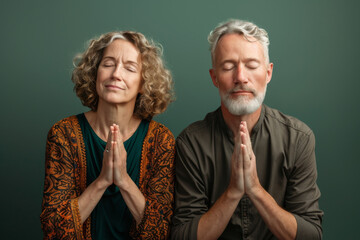 a middle-aged caucasian couple praying at a church: they kneel together with clasped hands, eyes clo