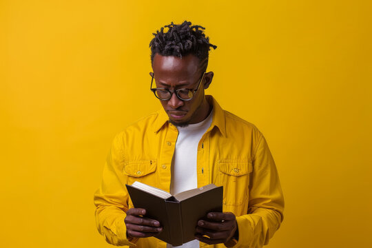 a young African American man praying with a bible: He stands with a bible in his hands, head bowed in prayer on a vibrant yellow studio background