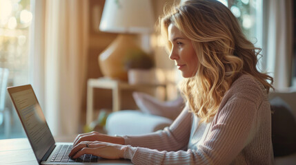 Wall Mural - Portrait of an adult woman with a laptop sitting at a laptop in a home office. Beautiful woman watching webinar on laptop. Freelancing, education concept.