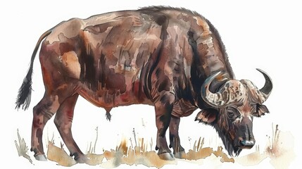 An African buffalo clipart, grazing, watercolor illustration, dark browns, isolated on white background