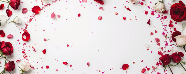 Red roses and petals and heart-shaped confetti isolated on white background. Top view. Mockup. Place for text.