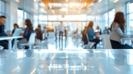 Leinwandbilder - Soft of blurred people meeting at table. Abstract white blurred office interior space background. Business people working at office, blurred background. Business concept. Generative AI.