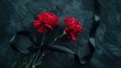 © Olha Koval - Two red mourning carnations with black ribbon on a dark stone background. AI generated.