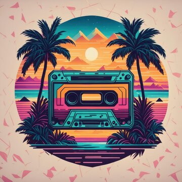 Design a logo that blends retro aesthetics with modern twists,  using iconic motifs from the 90s like cassette tapes, pixel art, and bold geometric shapes. Incorporate vibrant and contrasting colors,