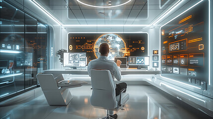 Poster - A sleek, high-tech office setting with a futuristic feel, showcasing advanced AI technology. In the foreground, a person sits confidently using a sophisticated computer interface. Generative AI.