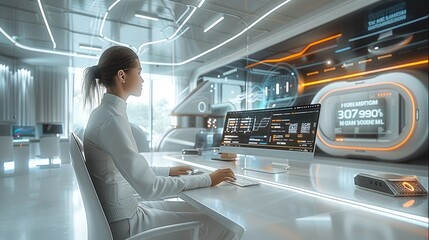 Poster - A sleek, high-tech office setting with a futuristic feel, showcasing advanced AI technology. In the foreground, a person sits confidently using a sophisticated computer interface. Generative AI.