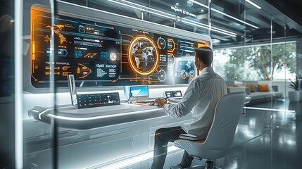Poster - A sleek, high-tech office setting with a futuristic feel, showcasing advanced AI technology. In the foreground, a person sits confidently using a sophisticated computer interface. Generative AI.